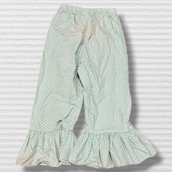 Girls Aqua Polka Dot Ruffle Hem Pants Size 4 Cotton Boutique Style - Picture 3 of 4